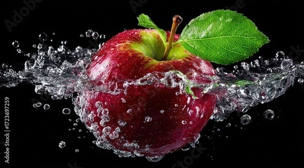 Fototapeta Red Apple In Water Splash On Black Background