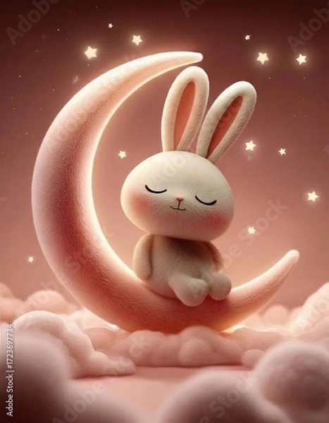 Obraz 月の上の白いウサギぬいぐるみピンクの雲と星