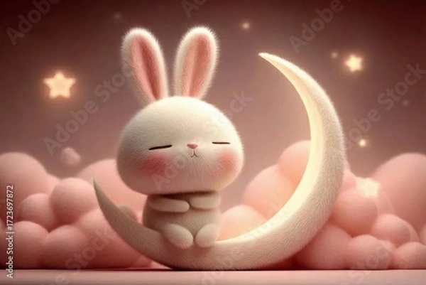 Obraz ふわふわウサギが月に座るピンクのクラウドと星