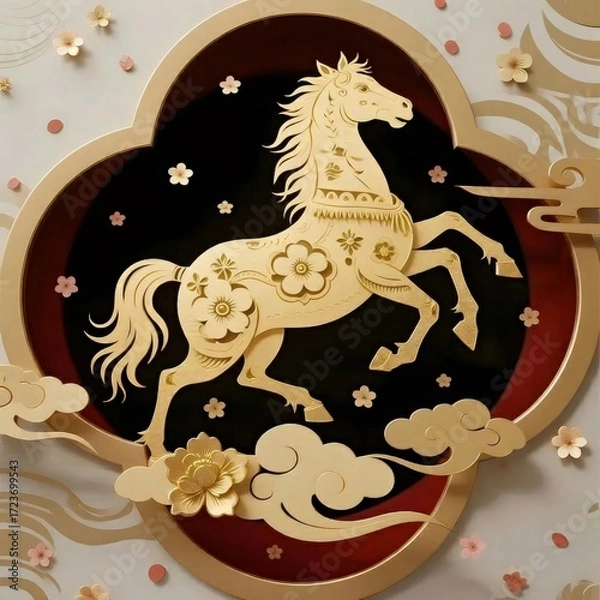 Obraz 黄金の馬の複雑な切り絵