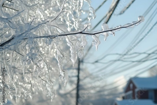 Obraz Branches covered in clear ice after a winter storm with power lines