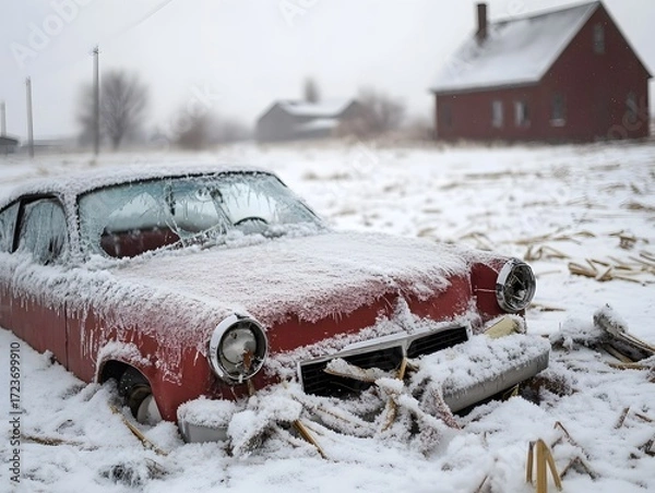 Obraz Abandoned Vintage Car Buried in Snow on Rural Farm Field in Winter