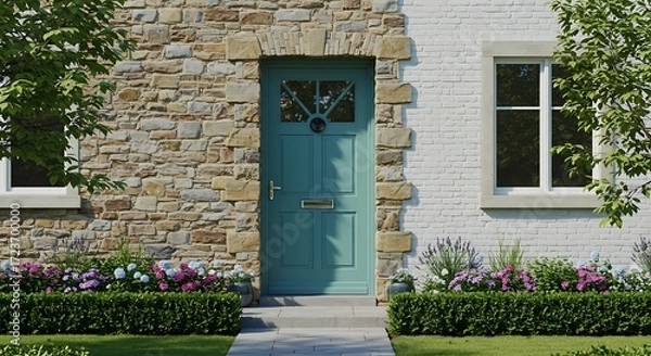 Obraz A detail of a front door on home with stone and white bricking siding, beautiful landscaping, and a colorful blue - green front door.