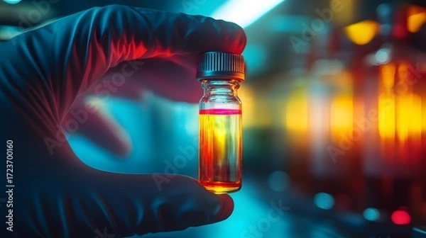 Obraz Contrasting Sample Vial: Hand in Glove Holding Medicine with Red and Yellow Liquid