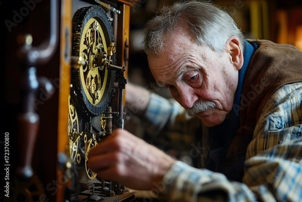 Obraz Dedicated Senior Clockmaker Repairing an Antique Clock Mechanism, Close-up