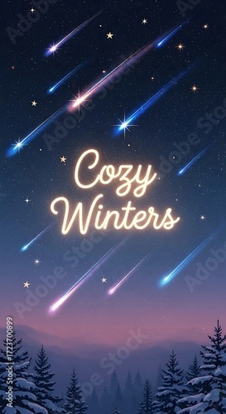 Fototapeta Enchanting winter night scene with shooting stars illuminating the sky above snowcovered pine trees, creating a cozy and magical atmosphere for the holidays