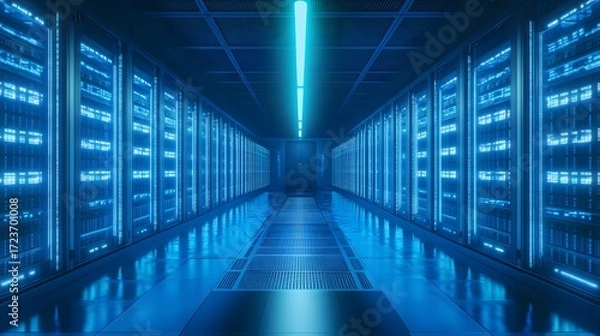 Obraz Dark Futuristic Data Center Corridor with Bright Blue Server Racks and Light