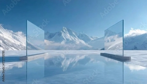Obraz 雪山背景の氷の上の二枚のガラス板の抽象風景