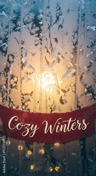 Fototapeta Cozy winter scene with frosted window and warm light shining through, creating a festive and inviting atmosphere for the holiday season