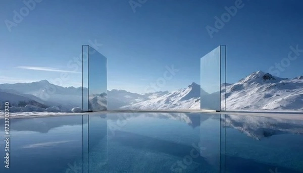 Obraz 雪をかぶった山々と鏡面の反射のある青いプール