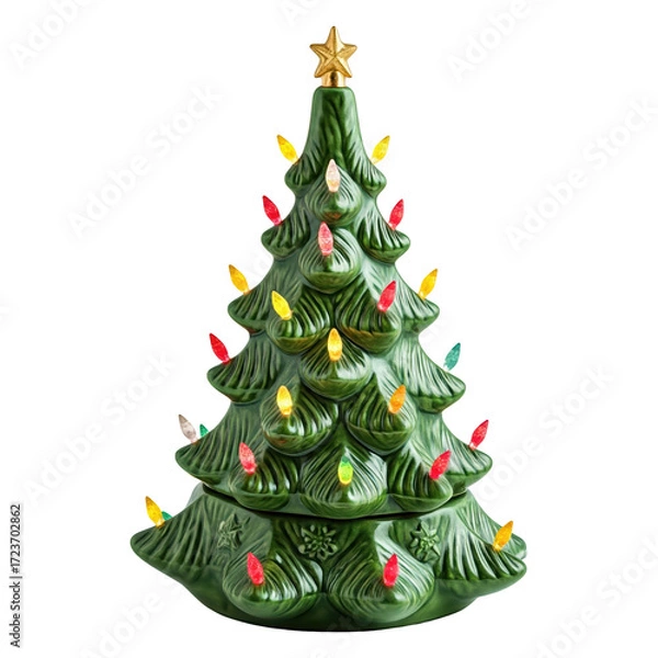 Obraz Ceramic Christmas tree, green glossy finish, isolated PNG for holiday decor.