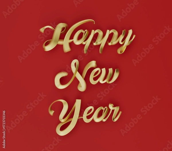 Fototapeta Festive Golden Happy New Year Typography on Red Backdrop. 3d rendering illustration not AI