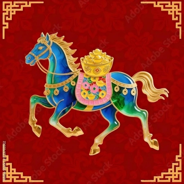 Obraz 鮮やかな青と金の馬の像 赤い花柄の背景