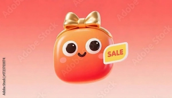 Obraz オレンジ色のキャラクター財布がセール表示とピンク色の背景