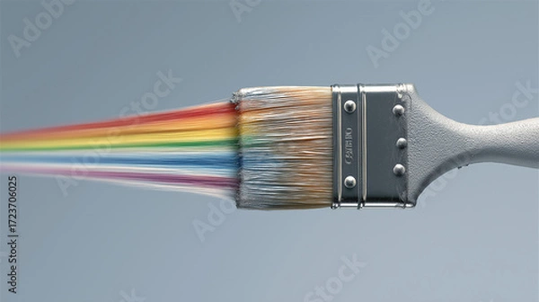 Fototapeta Paintbrush splattered with rainbow paint graphic suitable for art projects, creative design work, diy crafts, and lgbtq themed content.