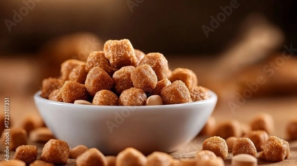 Fototapeta Close-up of puppy food in bowl with vitamins and minerals, fresh clean pet feeding concept