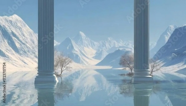 Obraz 澄んだ水面に映る雪山