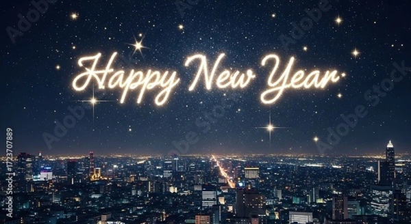 Fototapeta A beautiful cityscape at night with a happy new year message shining above the city lights and stars in the night sky, creating a festive atmosphere