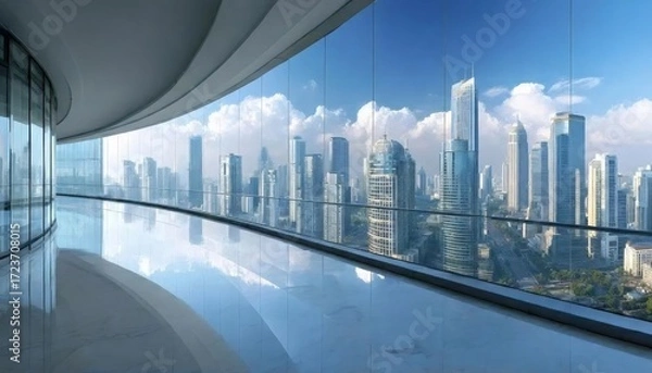 Obraz 曲線的な廊下から見た高層ビル群と青空の眺め