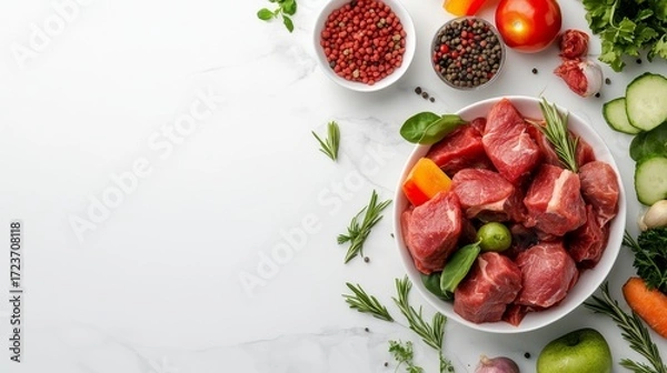 Fototapeta Fresh raw dog food with meat chunks and vegetables on minimalist background with copy space