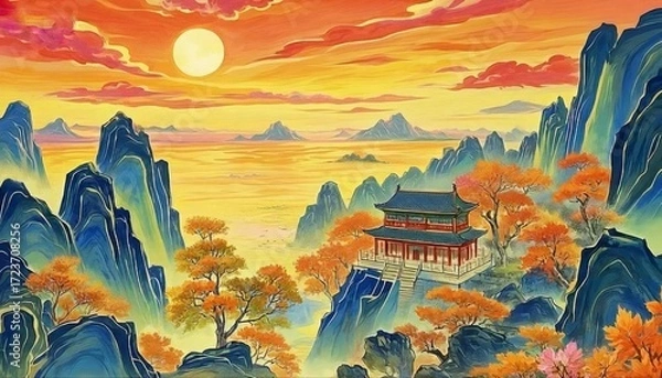 Obraz 黄金色の夕焼けの山々と伝統的な中国建築