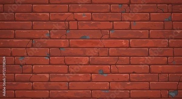 Fototapeta Brick wall seamless pattern. Red color. Cracked and peeling grey paint. Vector illustration. Cartoon design. Flat style. Minimalism. Wall texture background. Stone blocks. Realistic. Eps10.