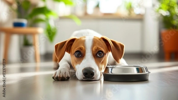 Fototapeta Dog lying on floor after vaccination with empty bowl, showing signs of fever and loss of appetite