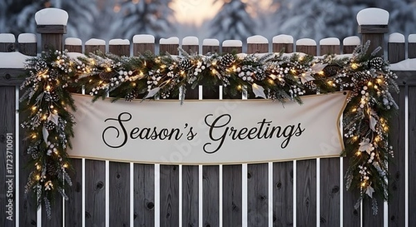 Fototapeta A festive banner with the words seasons greetings hangs on a snowcovered wooden fence, adorned with garland and twinkling lights in a winter wonderland