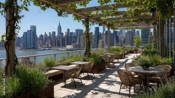 Fototapeta Rooftop terrace with seating and greenery overlooking city skyline and waterfront view