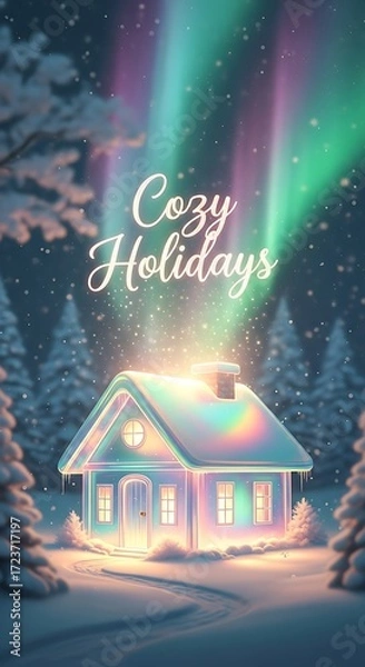 Fototapeta A cozy holidays scene featuring a charming snowcovered house under the aurora borealis, creating a magical and enchanting winter wonderland