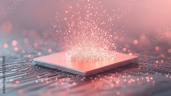 Fototapeta Microchip with glowing particles bursting upwards creating a bright light on a circuit board background with bokeh effect.