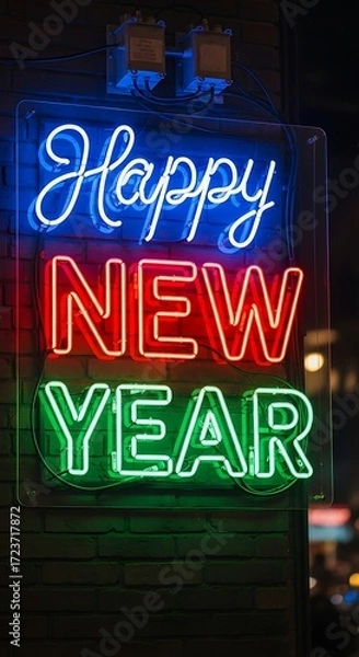 Fototapeta A vibrant neon sign displaying the words happy new year in blue, red, and green against a dark brick wall creating a festive atmosphere