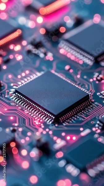 Fototapeta Close up view of integrated circuit board with glowing red lights and complex pathways. Advanced technology hardware.
