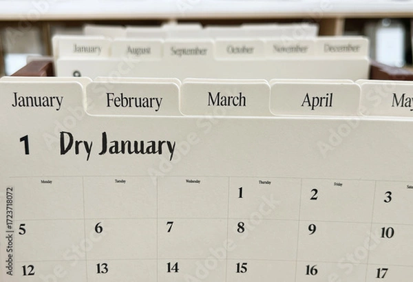 Fototapeta Dry January text in planner notebook on wooden background. 