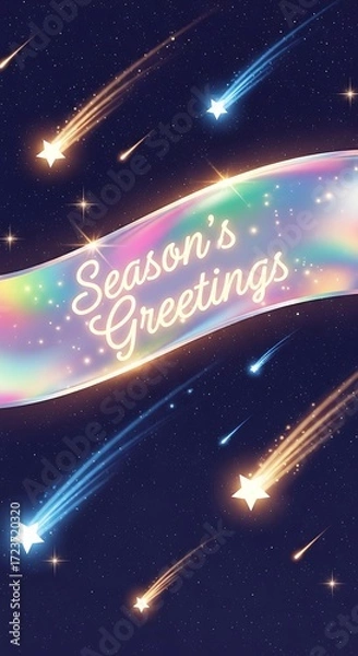 Fototapeta Seasons greetings message on a rainbow banner with shooting stars and glowing trails against a dark blue starry night sky backdrop