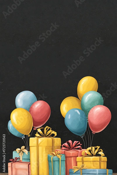 Fototapeta Colorful balloons and gift boxes arranged for a festive celebration on a dark background