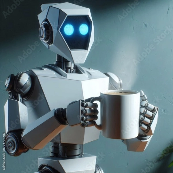 Fototapeta robot coffee mug angular awkward beverage drink holding humanoid unnatural