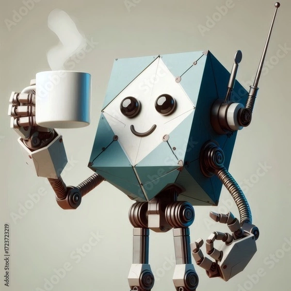 Fototapeta robot coffee mug angular awkward beverage drink holding humanoid unnatural
