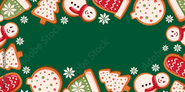 Fototapeta Christmas gingerbread cookie frame border with snowmen, tree and decorated treat on green background with white snowflake and empty center space in cartoon.