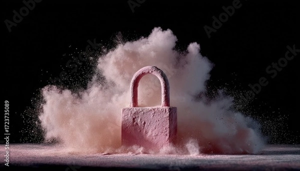 Obraz Mysterious pink padlock dissolving into a cloud of dust against a dark background.