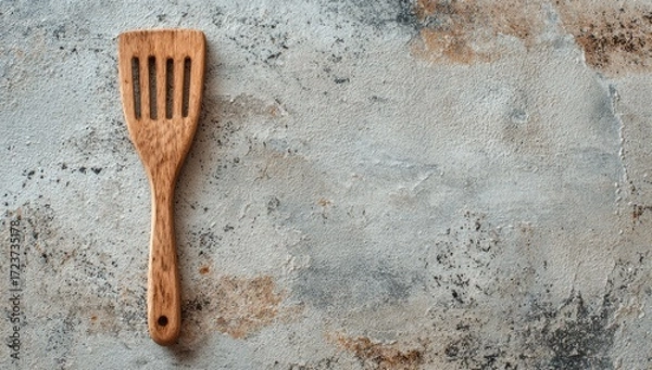 Obraz Wooden kitchen spatula utensil on a rustic textured stone background with copy space for text.