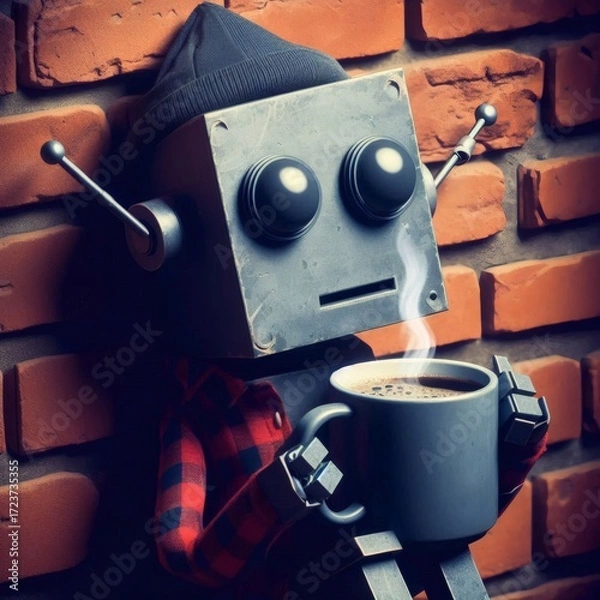 Fototapeta robot coffee mug sipping resting brick wall leaning angular awkward casual