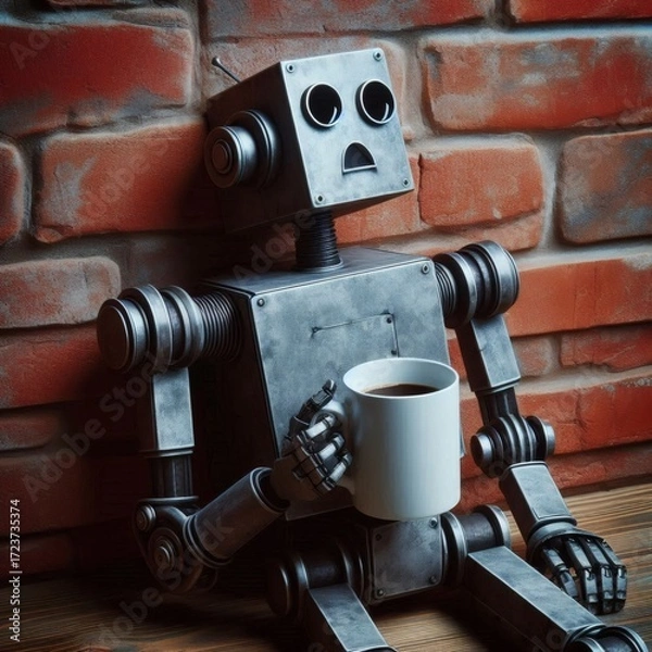 Fototapeta robot coffee mug sipping resting brick wall leaning angular awkward casual