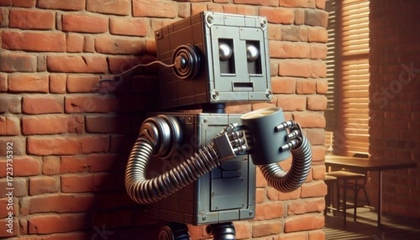 Fototapeta robot coffee mug sipping resting brick wall leaning angular awkward casual