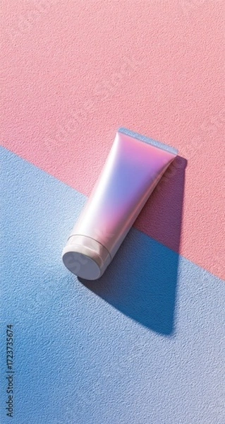 Obraz Iridescent cosmetic tube with a strong shadow on a pink and blue background.