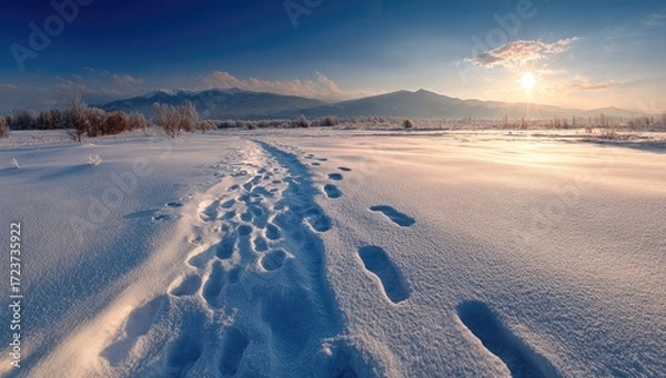 Obraz Footprints on a snowy path leading towards mountains at sunrise.