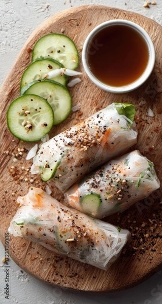 Obraz Fresh Vietnamese summer rolls with dipping sauce and cucumber.