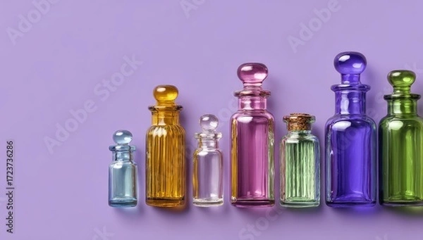 Obraz A collection of colorful vintage glass bottles in a row on a purple background.
