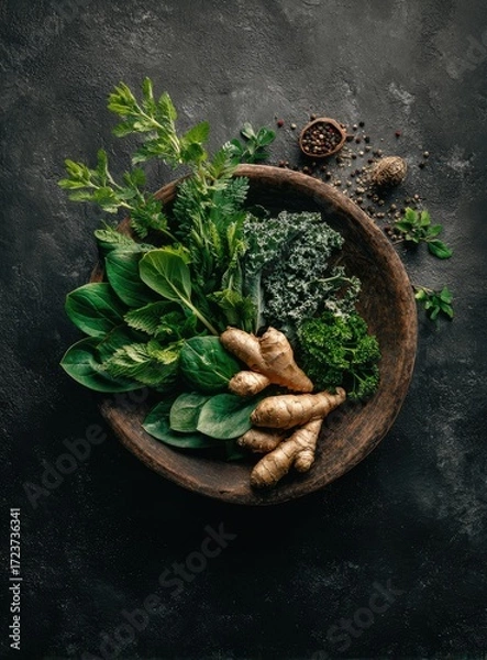 Obraz Fresh Herbal Ingredients with Turmeric and Spices in a Rustic Bowl.