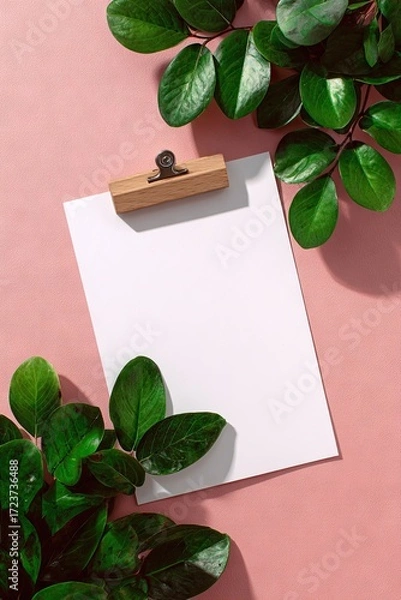 Obraz Minimalist flat lay of a blank paper clipboard with green plant leaves on a pink textured surface.